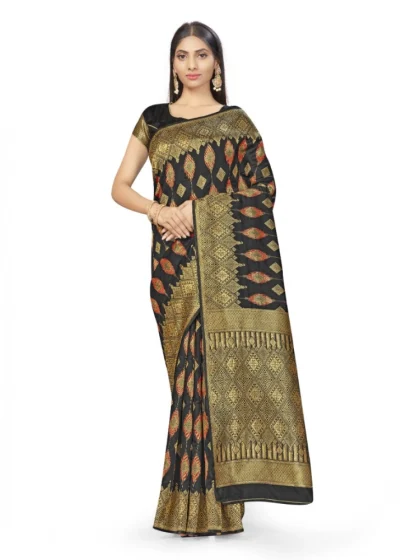 Women's Banarasi Silk Saree With Blouse (Black, 5-6Mtrs)
