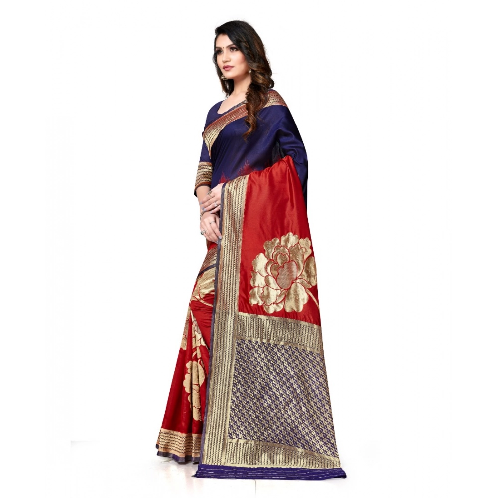 Women's Banarasi Silk Saree With Blouse (Navy Blue, Red, 5-6Mtrs) - Image 2