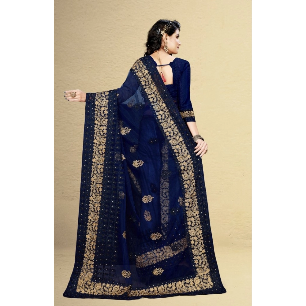 Women's Net Saree With Blouse (Navy Blue, 5-6Mtrs) - Image 5
