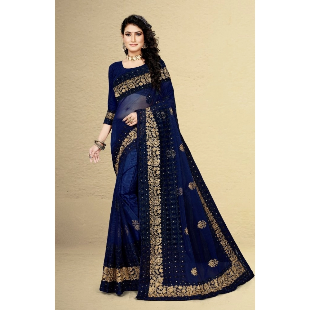 Women's Net Saree With Blouse (Navy Blue, 5-6Mtrs) - Image 2