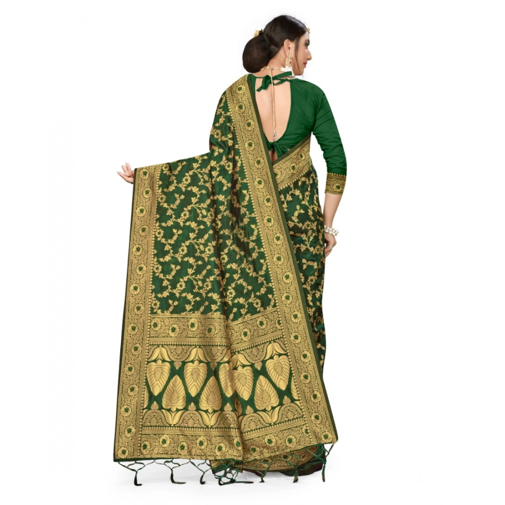 Women's Banarasi Silk Saree With Blouse (Green, 5-6Mtrs) - Image 3