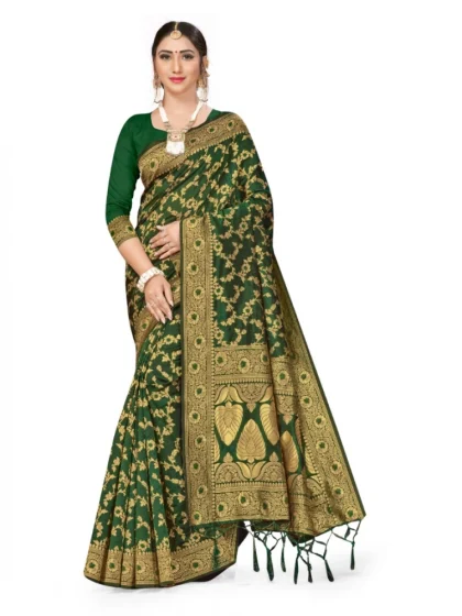 Women's Banarasi Silk Saree With Blouse (Green, 5-6Mtrs)