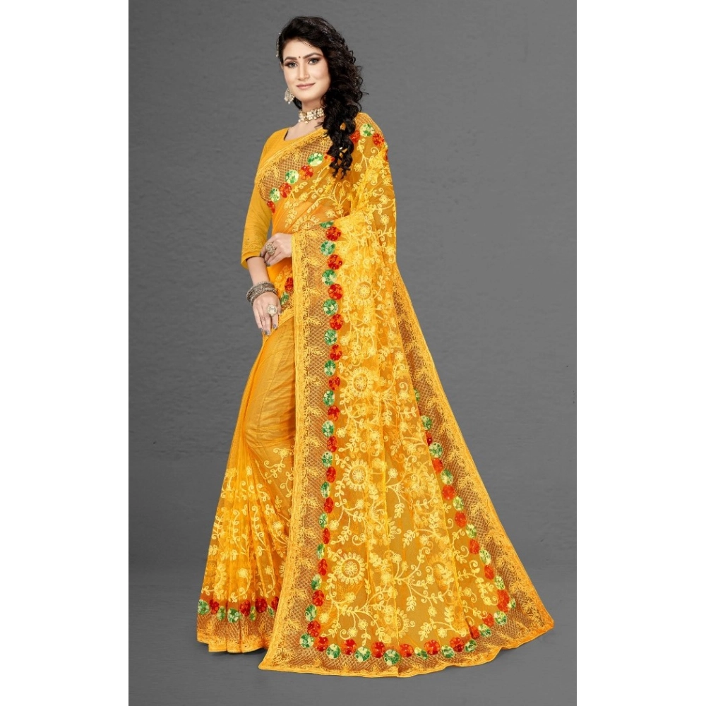 Women's Net Saree With Blouse (Yellow, 5-6Mtrs) - Image 3