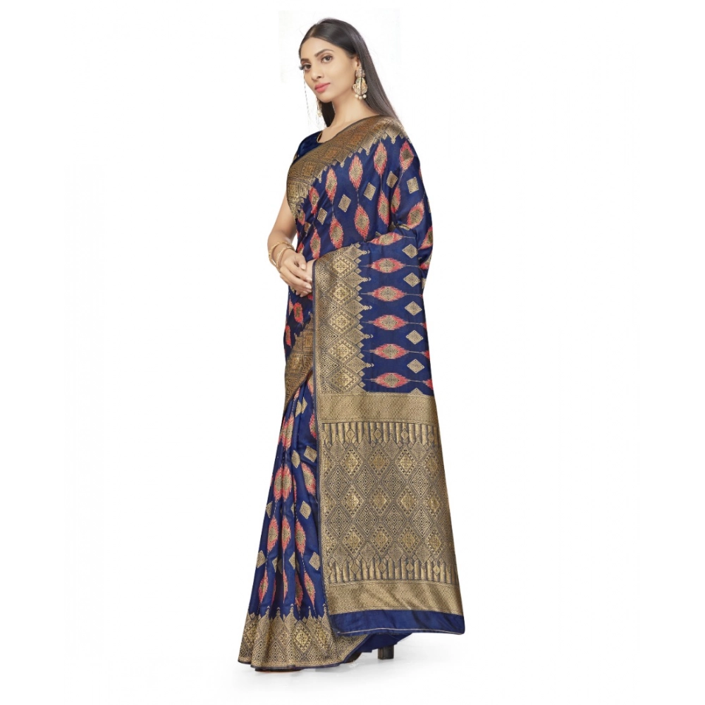 Women's Banarasi Silk Saree With Blouse (Navy Blue, 5-6Mtrs) - Image 2