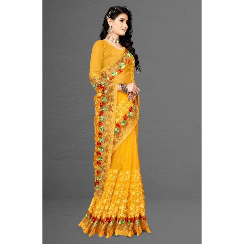 Women's Net Saree With Blouse (Yellow, 5-6Mtrs) - Image 4