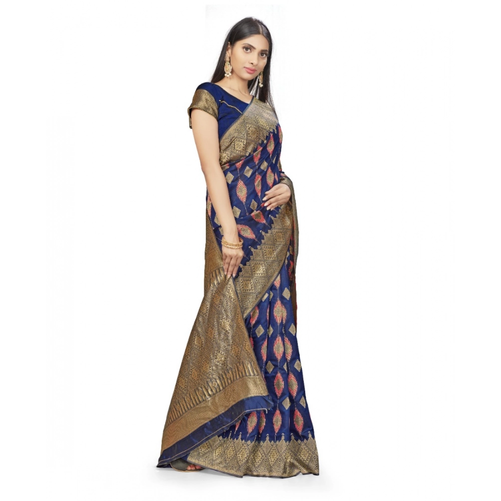 Women's Banarasi Silk Saree With Blouse (Navy Blue, 5-6Mtrs) - Image 4