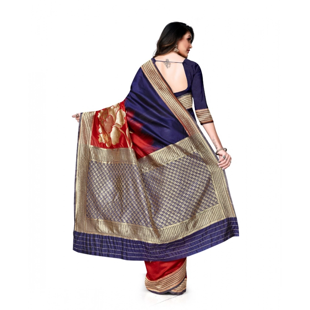 Women's Banarasi Silk Saree With Blouse (Navy Blue, Red, 5-6Mtrs) - Image 4