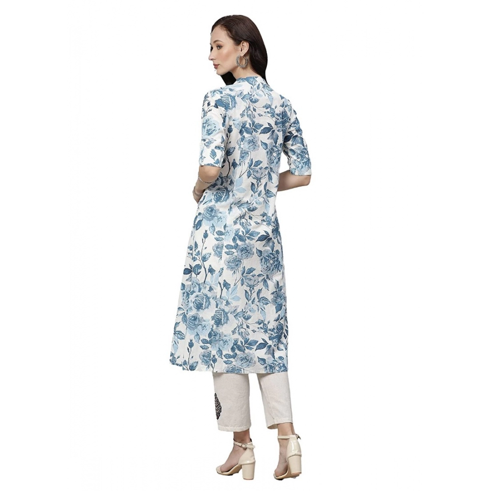 Women's Cotton Printed Floral Print Kurti (White, Blue, Cotton) - Image 5