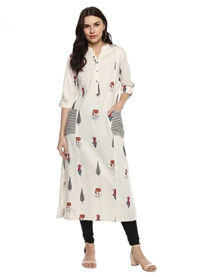 Women's Khadi Printed A Line Kurti (Off White, Khadi)