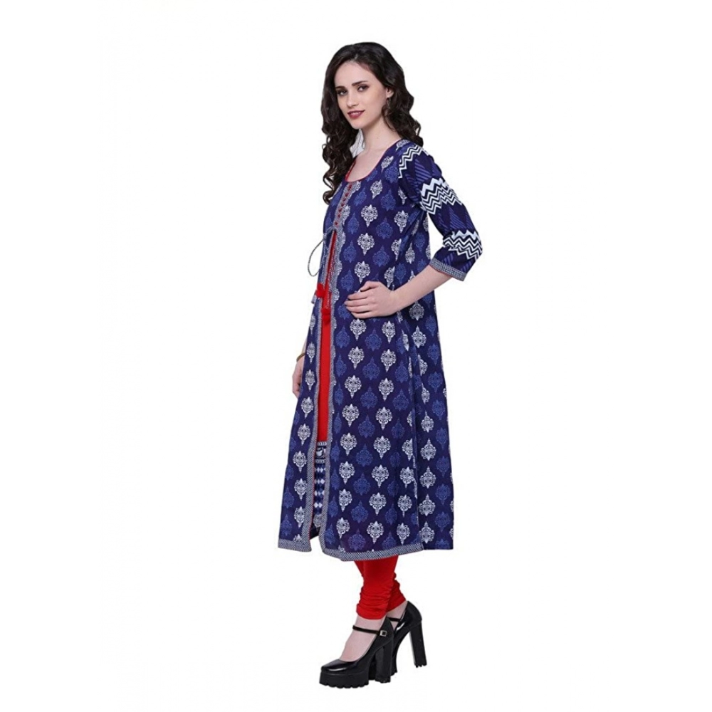 Women's Cotton Printed Long Kurti (Blue, Red, Cotton) - Image 2