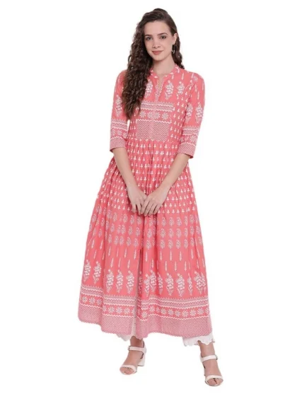Women's Cotton Printed Regular Kurti (Peach, Cotton)