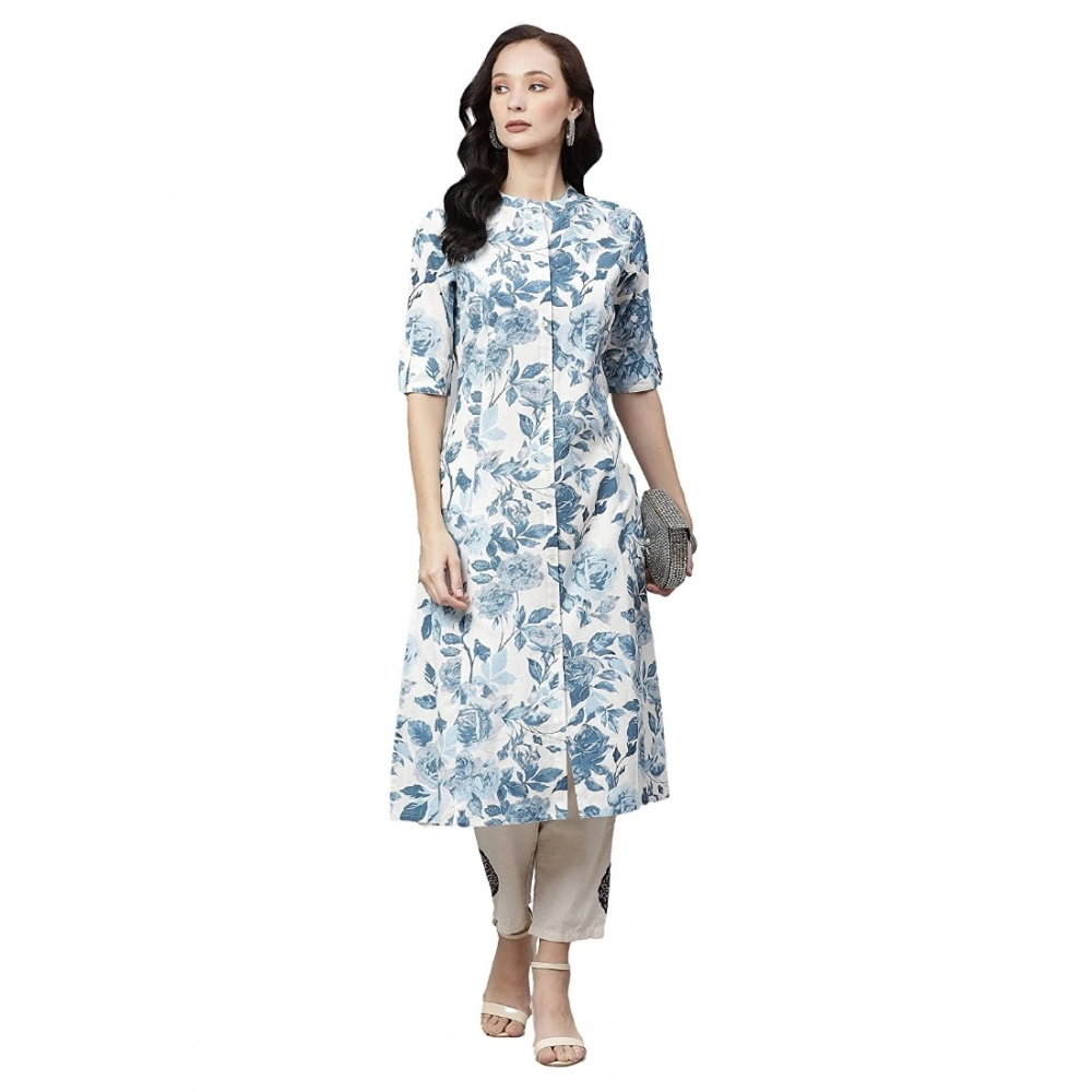 Women's Cotton Printed Floral Print Kurti (White, Blue, Cotton) - Image 4