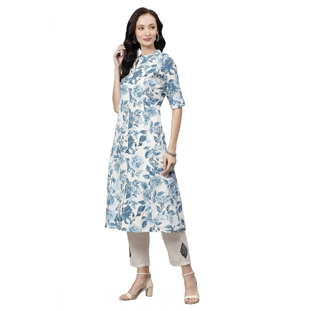 Women's Cotton Printed Floral Print Kurti (White, Blue, Cotton) - Image 2