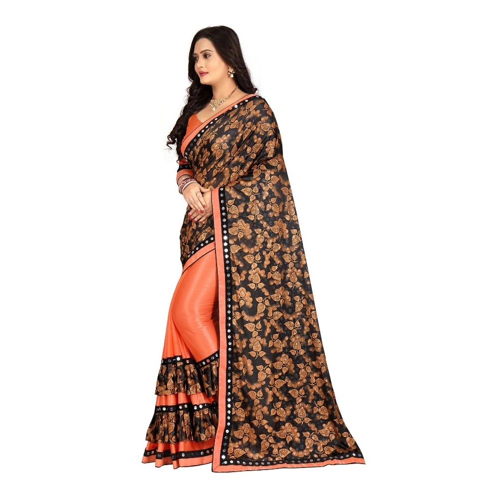 Women's Lycra Blend Saree with Blouse (Orange, 5-6 Mtrs) - Image 2