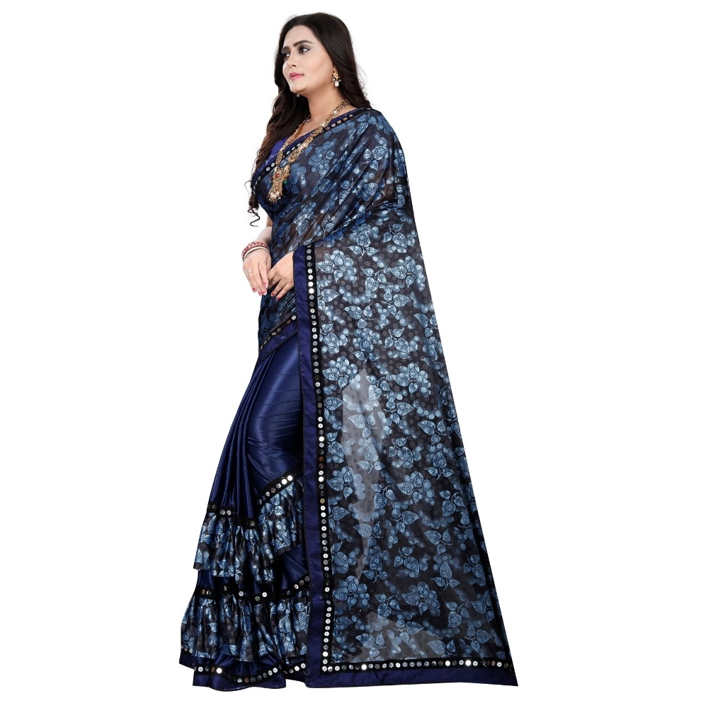 Women's Lycra Blend Saree with Blouse (Blue, 5-6 Mtrs) - Image 2