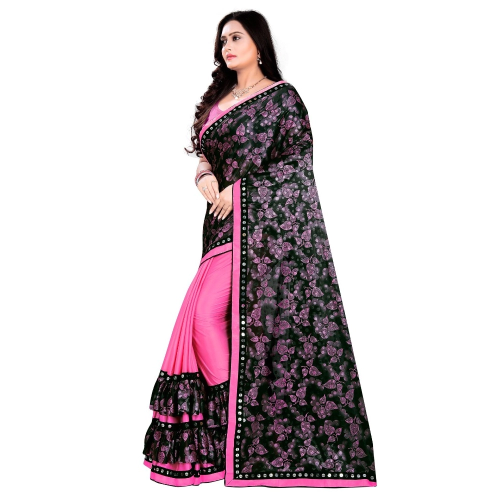 Women's Lycra Blend Saree with Blouse (Pink, 5-6 Mtrs) - Image 2
