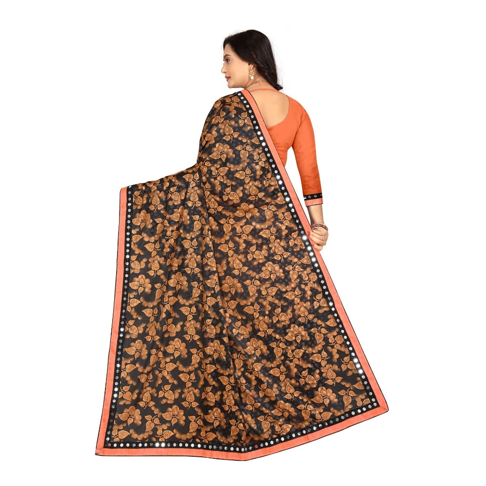 Women's Lycra Blend Saree with Blouse (Orange, 5-6 Mtrs) - Image 3