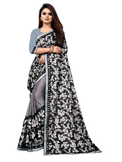 Women's Lycra Blend Saree with Blouse (Grey, 5-6 Mtrs)
