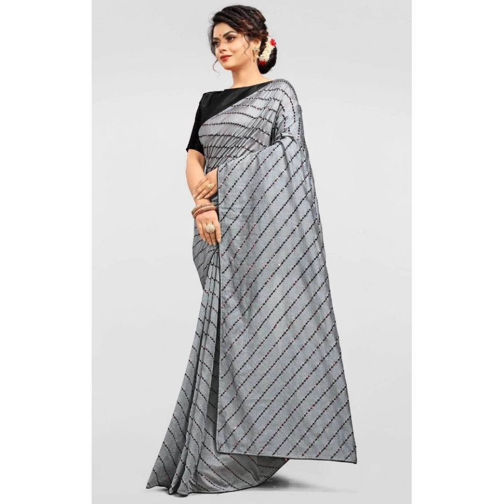 Women's Vichitra Saree with Blouse (Grey, 5-6 Mtrs) - Image 3