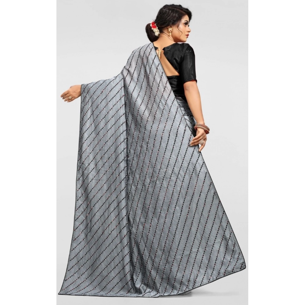 Women's Vichitra Saree with Blouse (Grey, 5-6 Mtrs) - Image 4