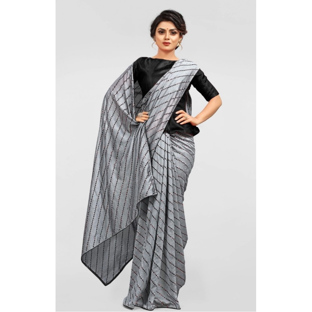 Women's Vichitra Saree with Blouse (Grey, 5-6 Mtrs) - Image 2
