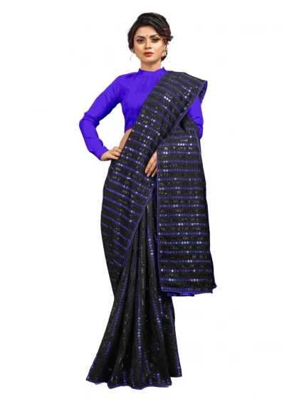 Women's Vichitra Saree with Blouse (Blue, 5-6 Mtrs)