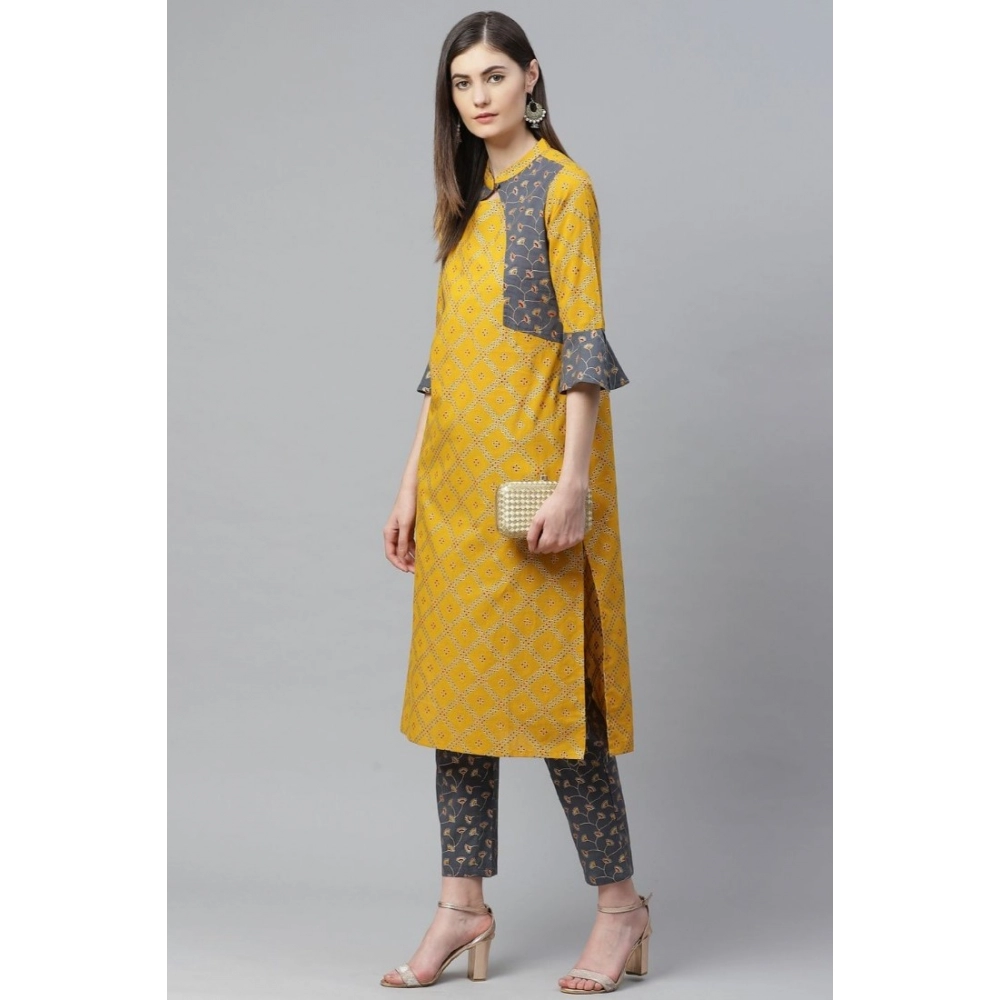 Women's Casual Bell Sleeves Geomatrical Printed Cotton Kurti Set (Yellow) - Image 4