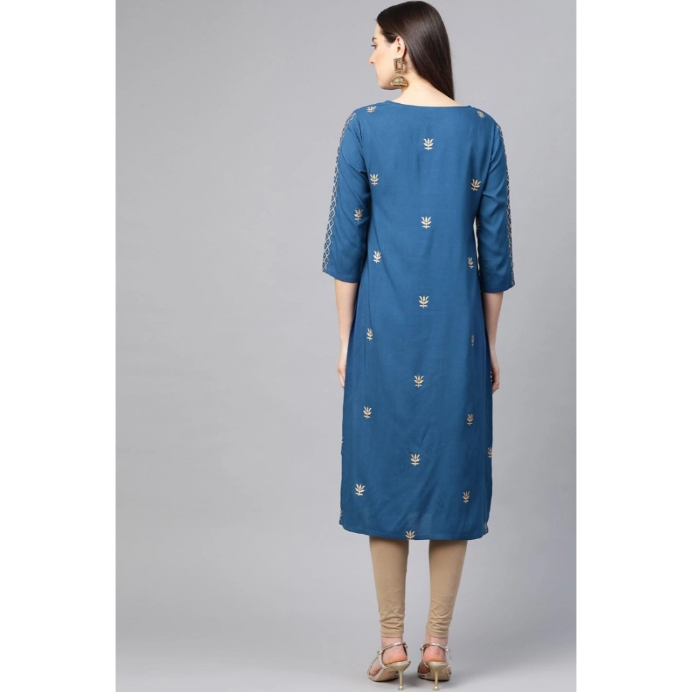Women's Casual 3/4 th Sleeve Floral Printed Rayon Kurti (Blue) - Image 5