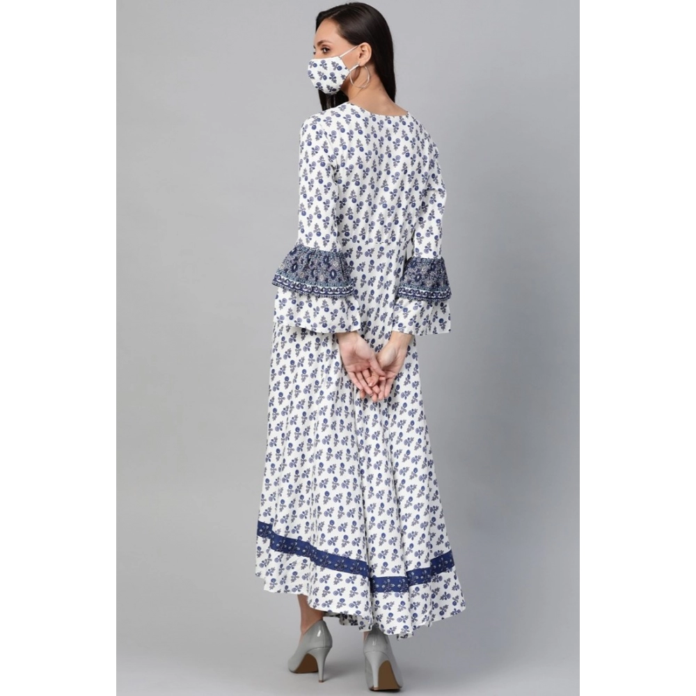 Women's Casual Bell Sleeve Floral Printed Rayon Dress (White & Blue) - Image 5