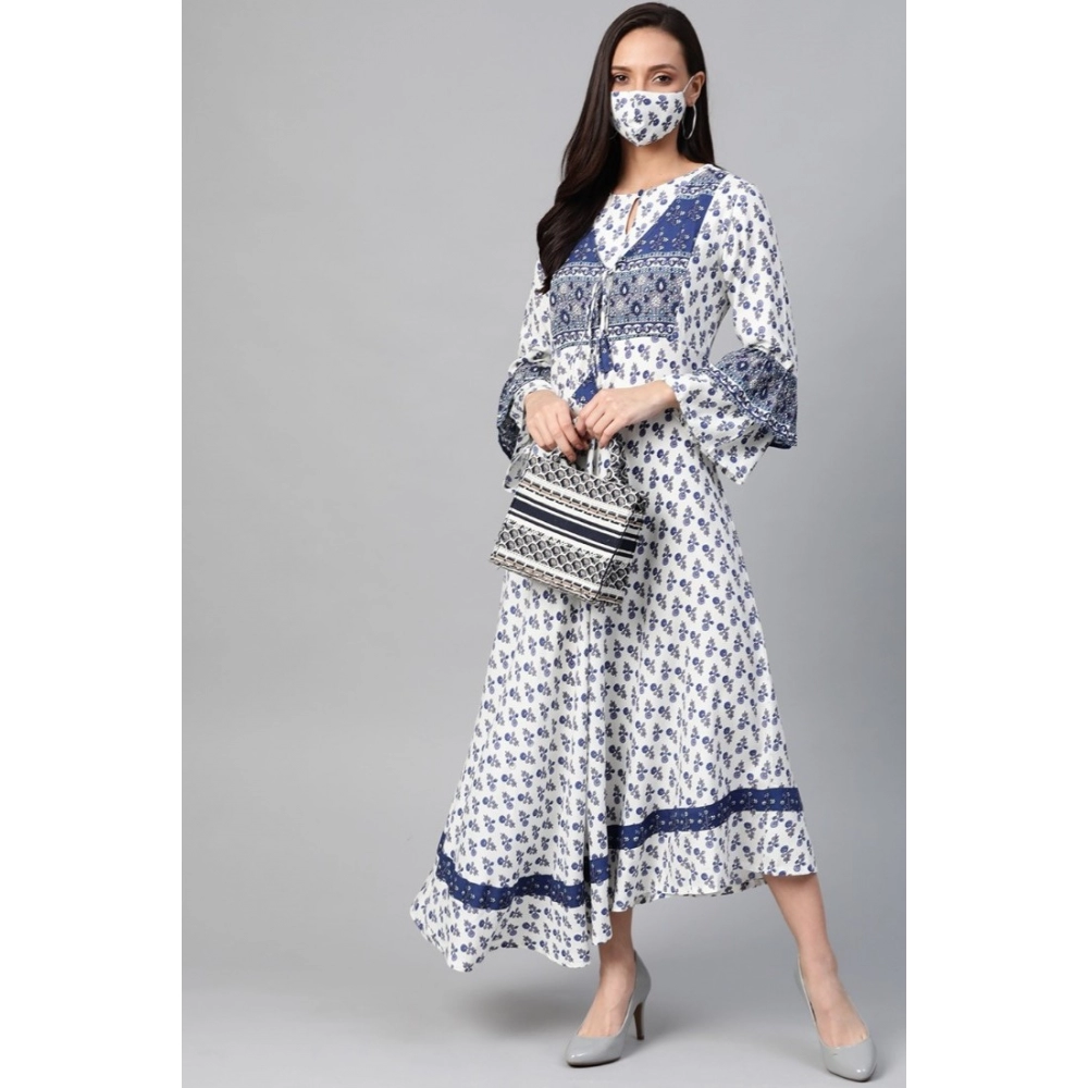 Women's Casual Bell Sleeve Floral Printed Rayon Dress (White & Blue) - Image 4