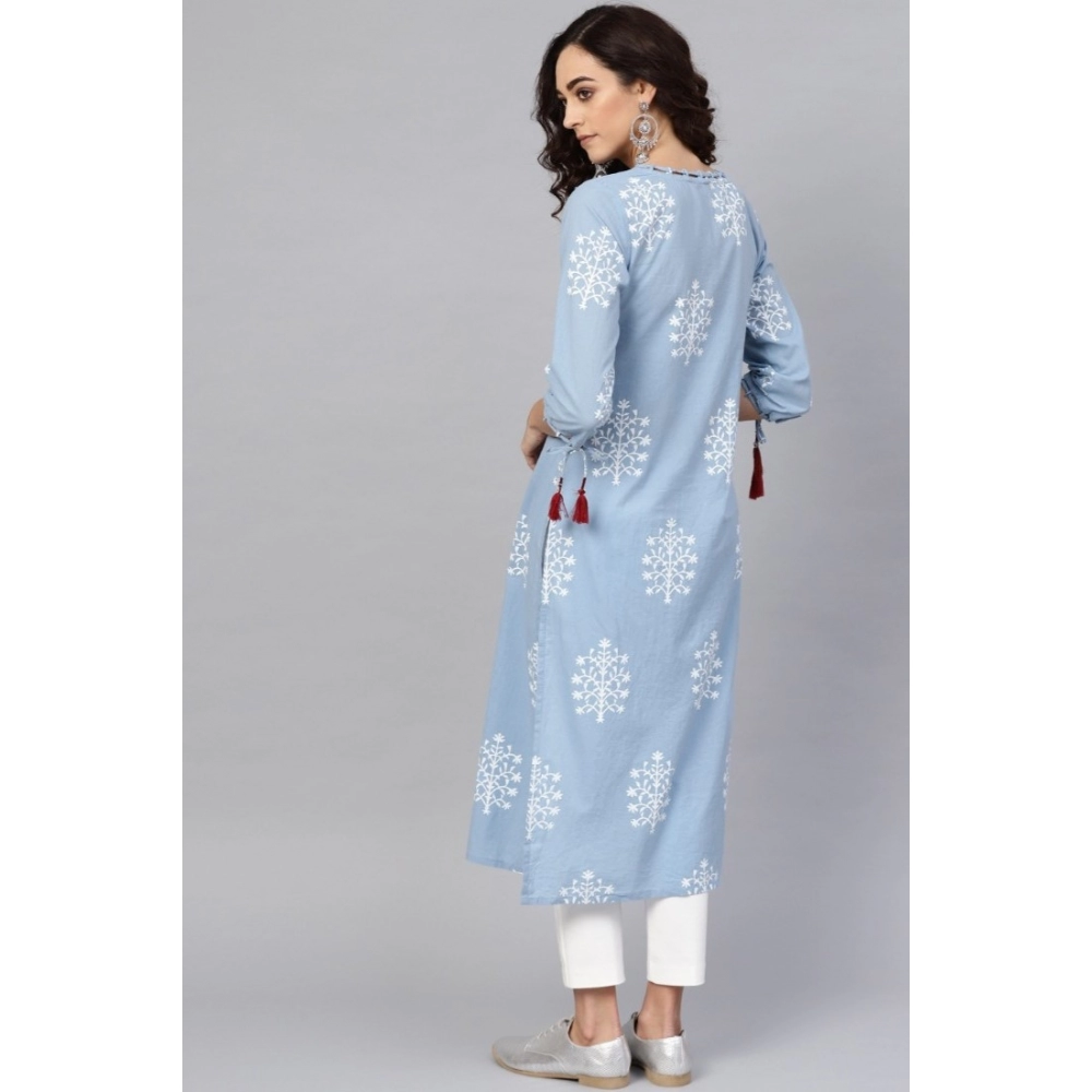 Women's Casual 3/4 th Sleeve Embroidery Cambric Cotton Kurti (Blue) - Image 5