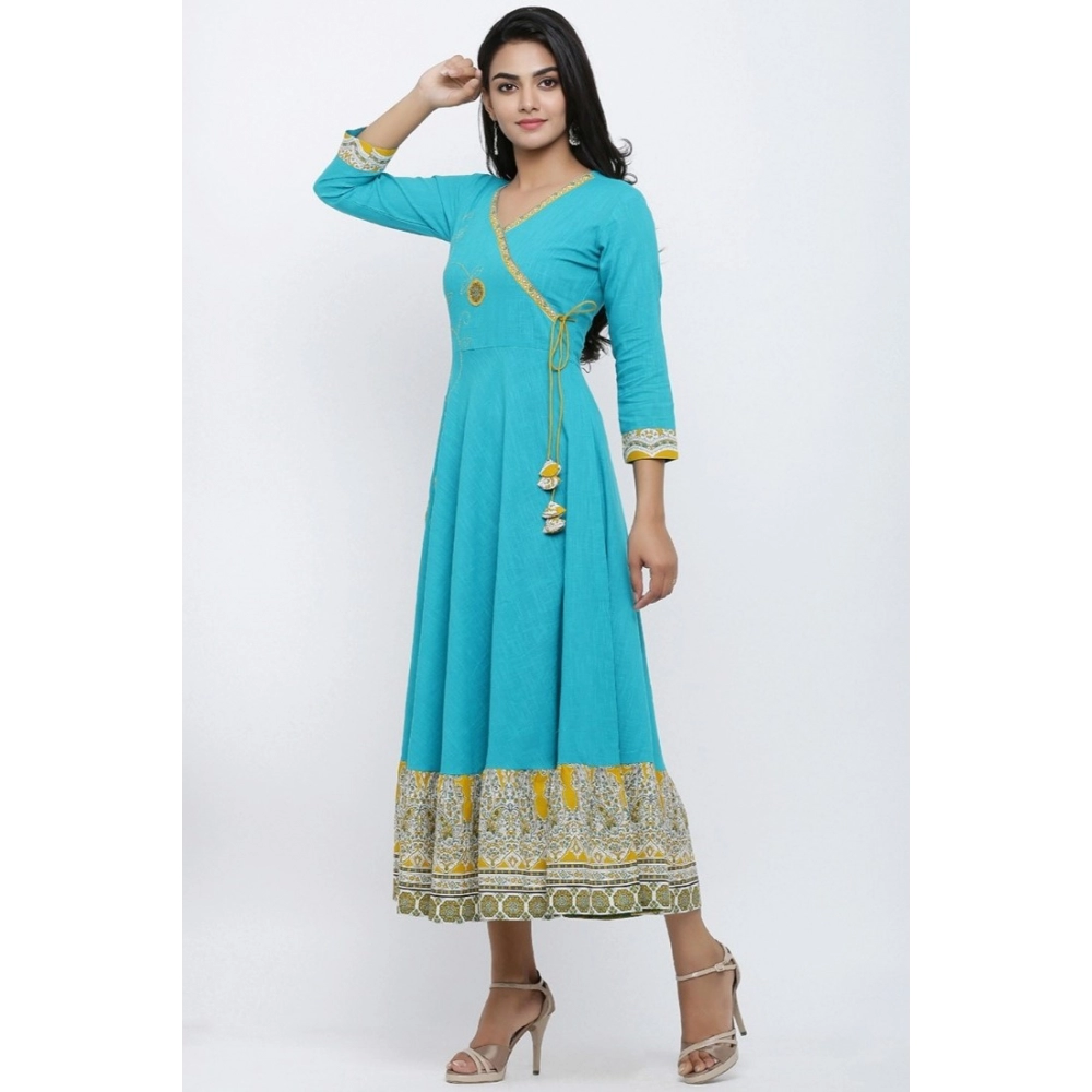 Women's Casual 3/4 th Sleeve Embroidery Cotton Blend Kurti (Torque Green) - Image 2
