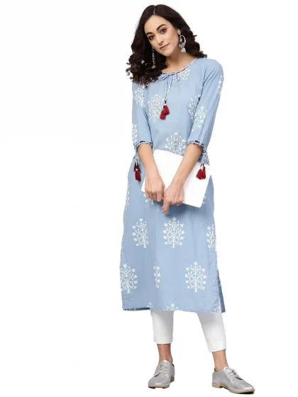 Women's Casual 3/4 th Sleeve Embroidery Cambric Cotton Kurti (Blue)