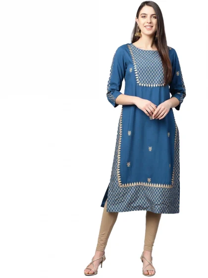 Women's Casual 3/4 th Sleeve Floral Printed Rayon Kurti (Blue)