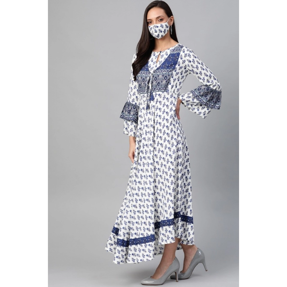 Women's Casual Bell Sleeve Floral Printed Rayon Dress (White & Blue) - Image 2