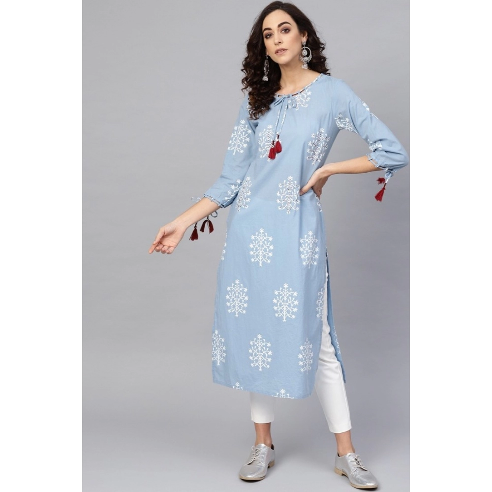 Women's Casual 3/4 th Sleeve Embroidery Cambric Cotton Kurti (Blue) - Image 2