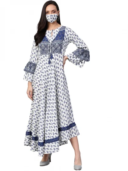 Women's Casual Bell Sleeve Floral Printed Rayon Dress (White & Blue)