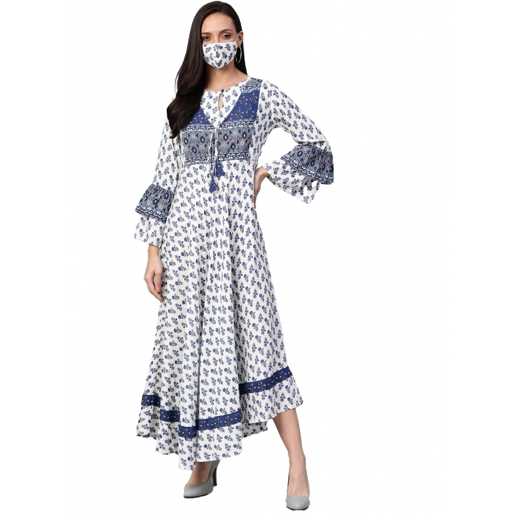 Women's Casual Bell Sleeve Floral Printed Rayon Dress (White & Blue)