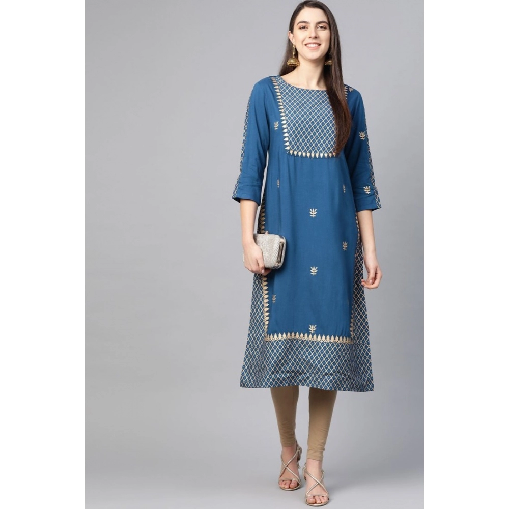 Women's Casual 3/4 th Sleeve Floral Printed Rayon Kurti (Blue) - Image 4