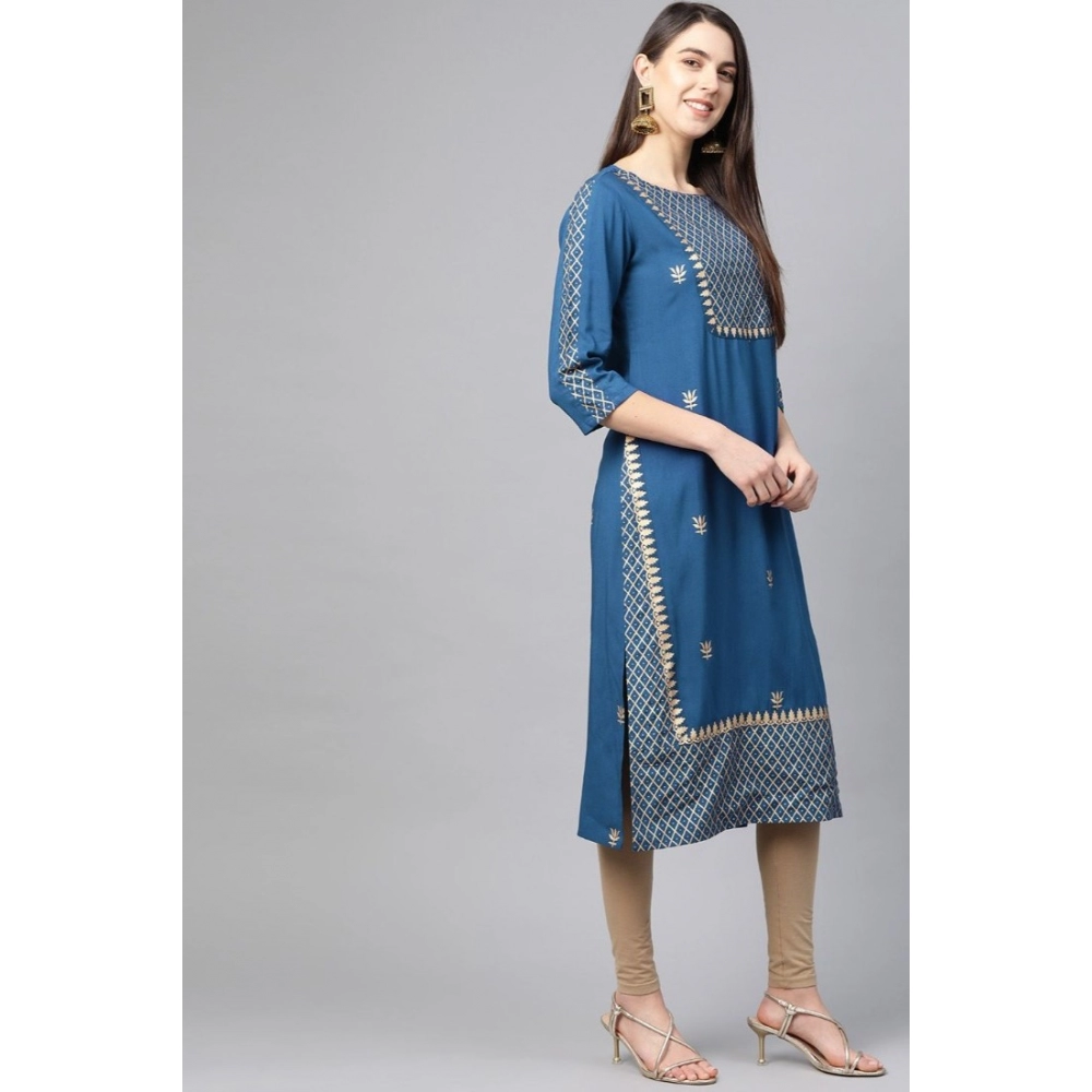 Women's Casual 3/4 th Sleeve Floral Printed Rayon Kurti (Blue) - Image 2