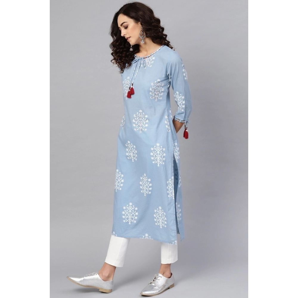 Women's Casual 3/4 th Sleeve Embroidery Cambric Cotton Kurti (Blue) - Image 4