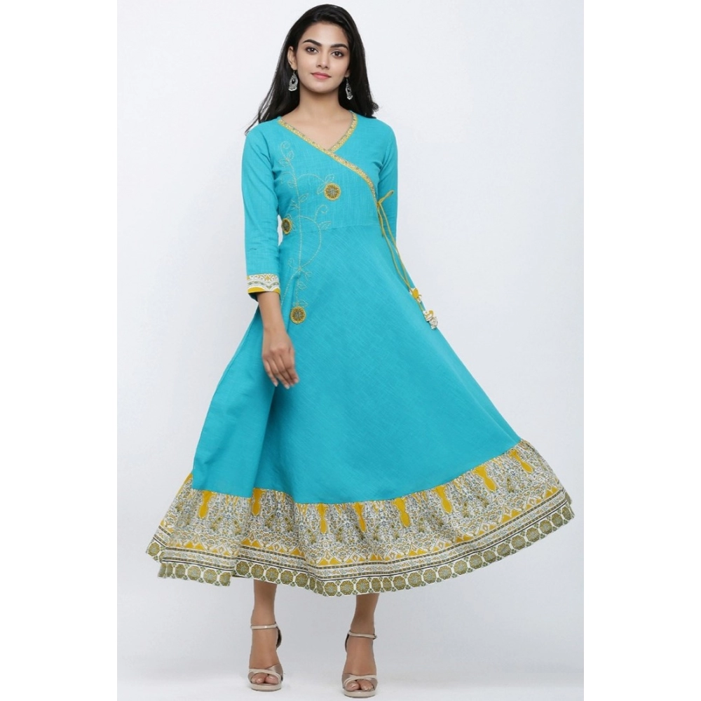 Women's Casual 3/4 th Sleeve Embroidery Cotton Blend Kurti (Torque Green) - Image 4