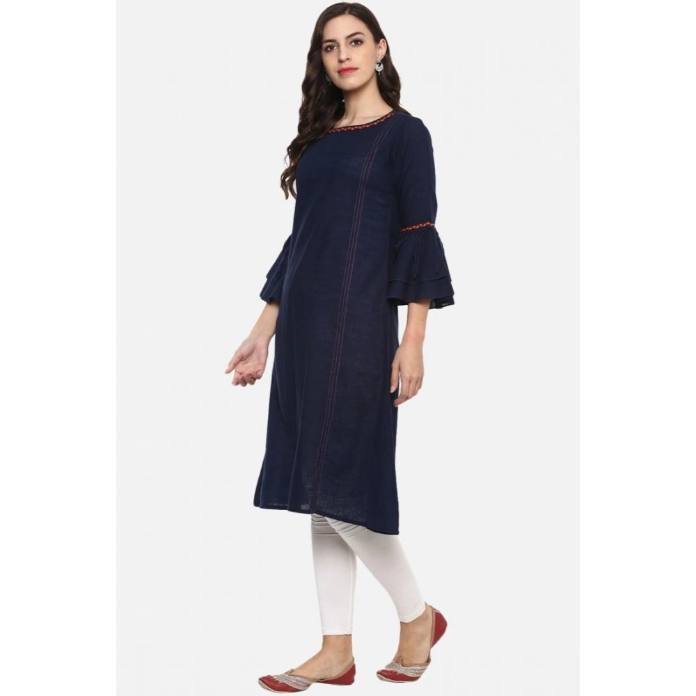 Women's Casual Bell Sleeves Solid Cotton Slub Kurti (Blue) - Image 2