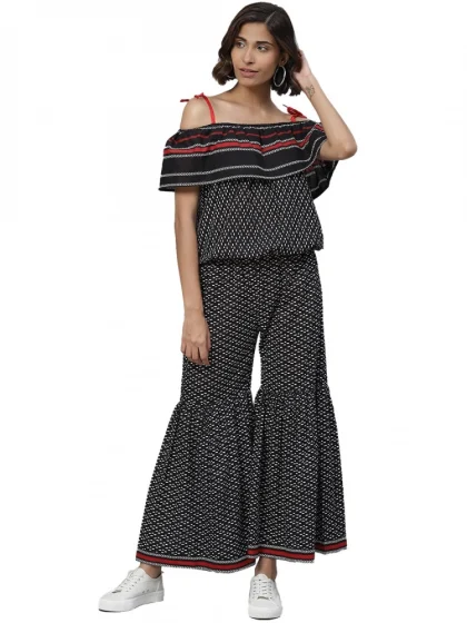 Women's Casual shoulder sleeve Geomatrical Printed Cotton Dress (Black)