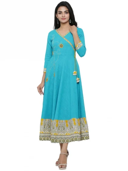 Women's Casual 3/4 th Sleeve Embroidery Cotton Blend Kurti (Torque Green)