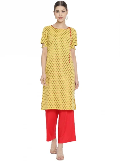 Women's Casual Short Sleeves Floral Printed Cotton & Rayon Kurti Palazzo Set (Yellow & Red)