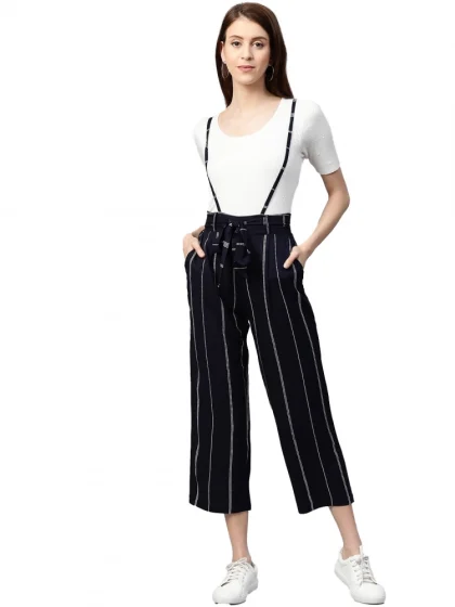 Women's Casual Short Sleeve Striped Rayon Dungaree (Blue)
