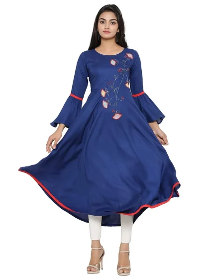 Women's Casual Bell Sleeves Embroidery Rayon Kurti (Blue)