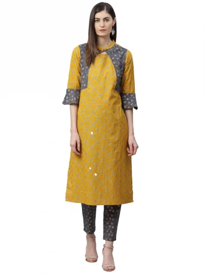 Women's Casual Bell Sleeves Geomatrical Printed Cotton Kurti Set (Yellow)