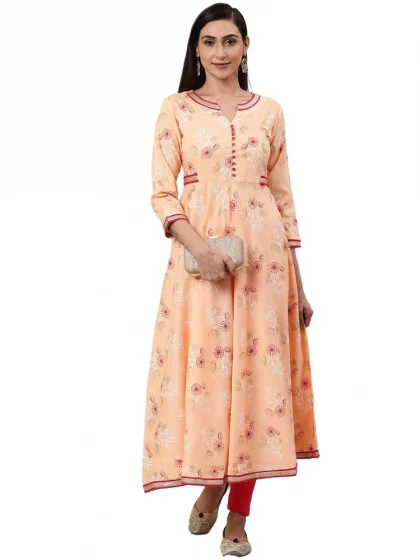 Women's Casual 3/4 th Sleeve Floral Printed Rayon Kurti (Peach)